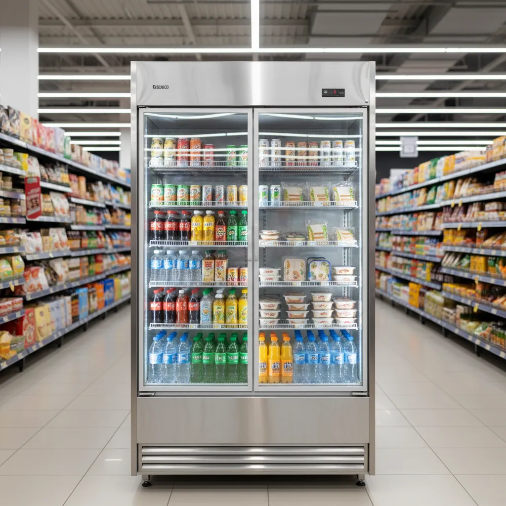 Commercial glass door refrigerated display cabinet in a grocery store
