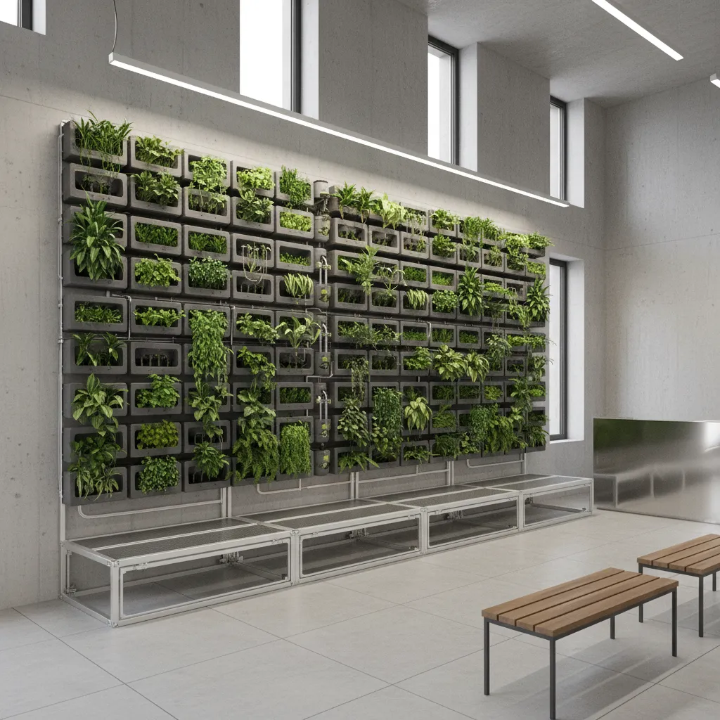 Hydroponic modular green wall system installed in a commercial building interior