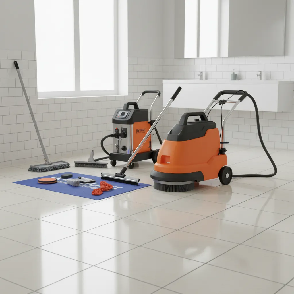 Professional tile cleaning equipment including rotary brush and grout cleaning tools