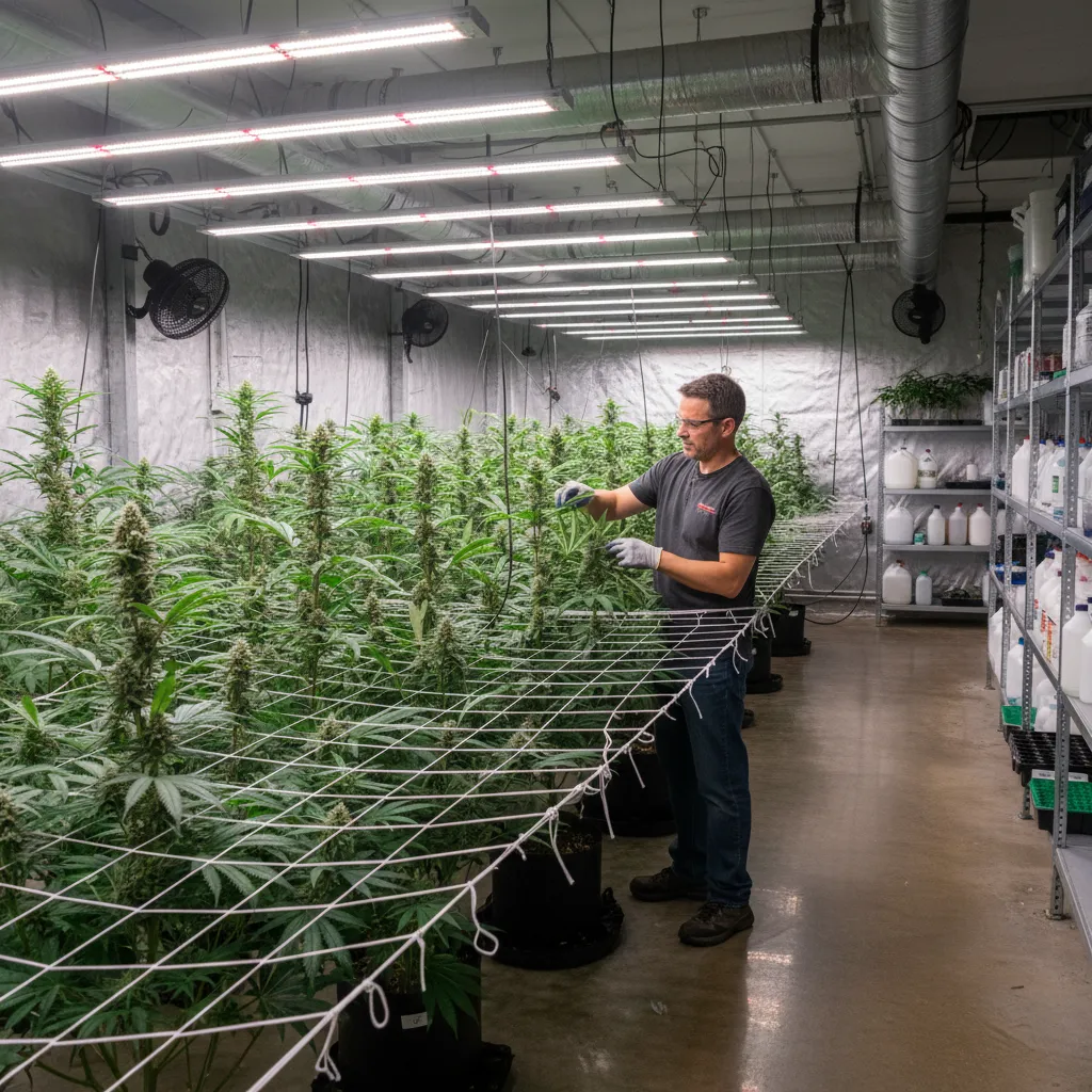 Grower managing plant canopy under LED lighting in indoor facility