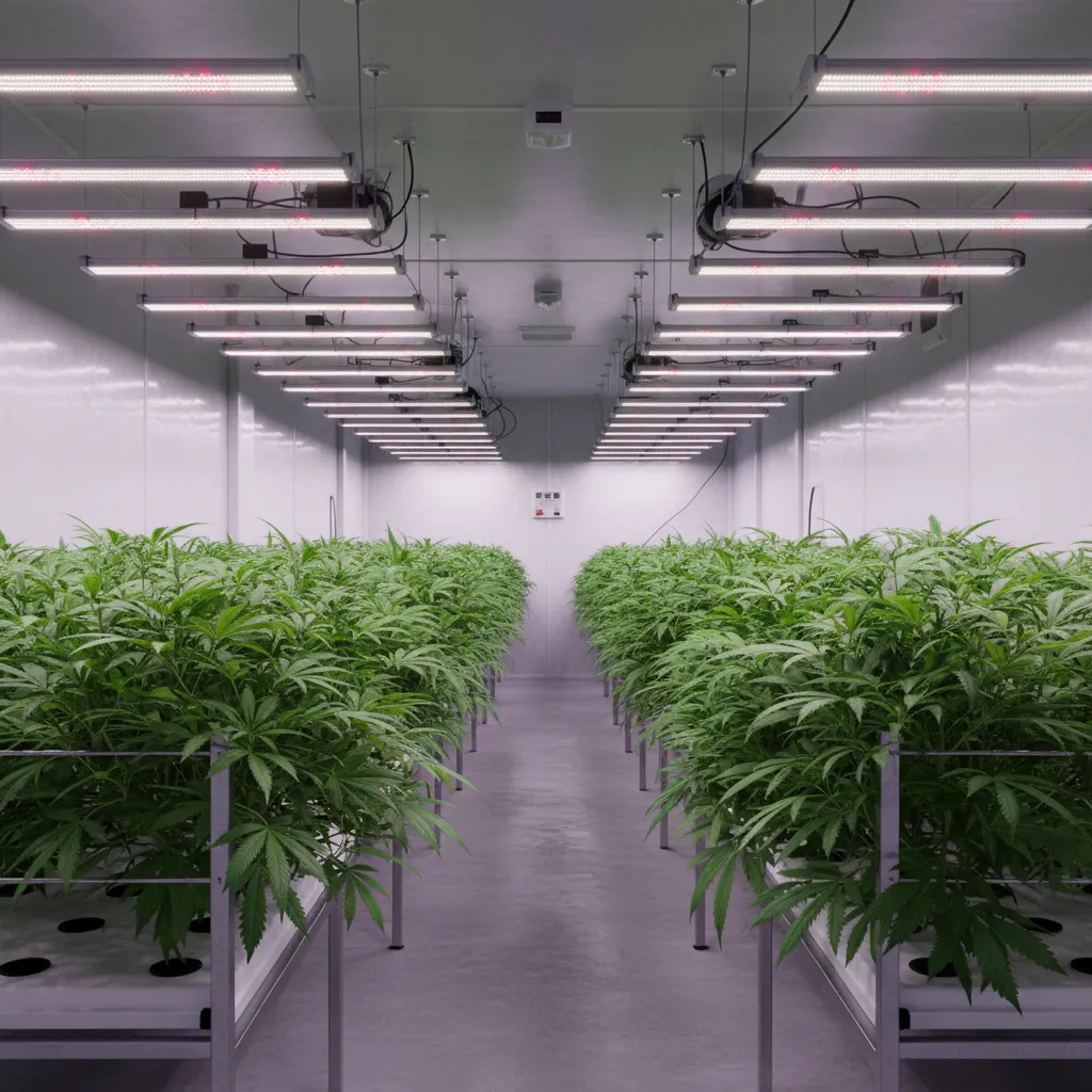 LED lighting system installed above dense commercial cannabis canopy