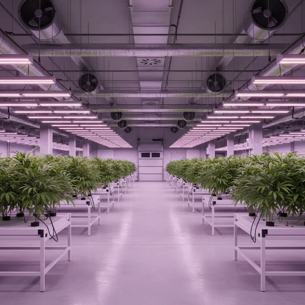 Wide view of an indoor commercial grow room with lighting systems and plant rows