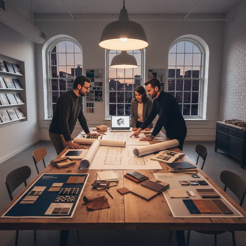 designer reviewing restaurant interior design plans and materials