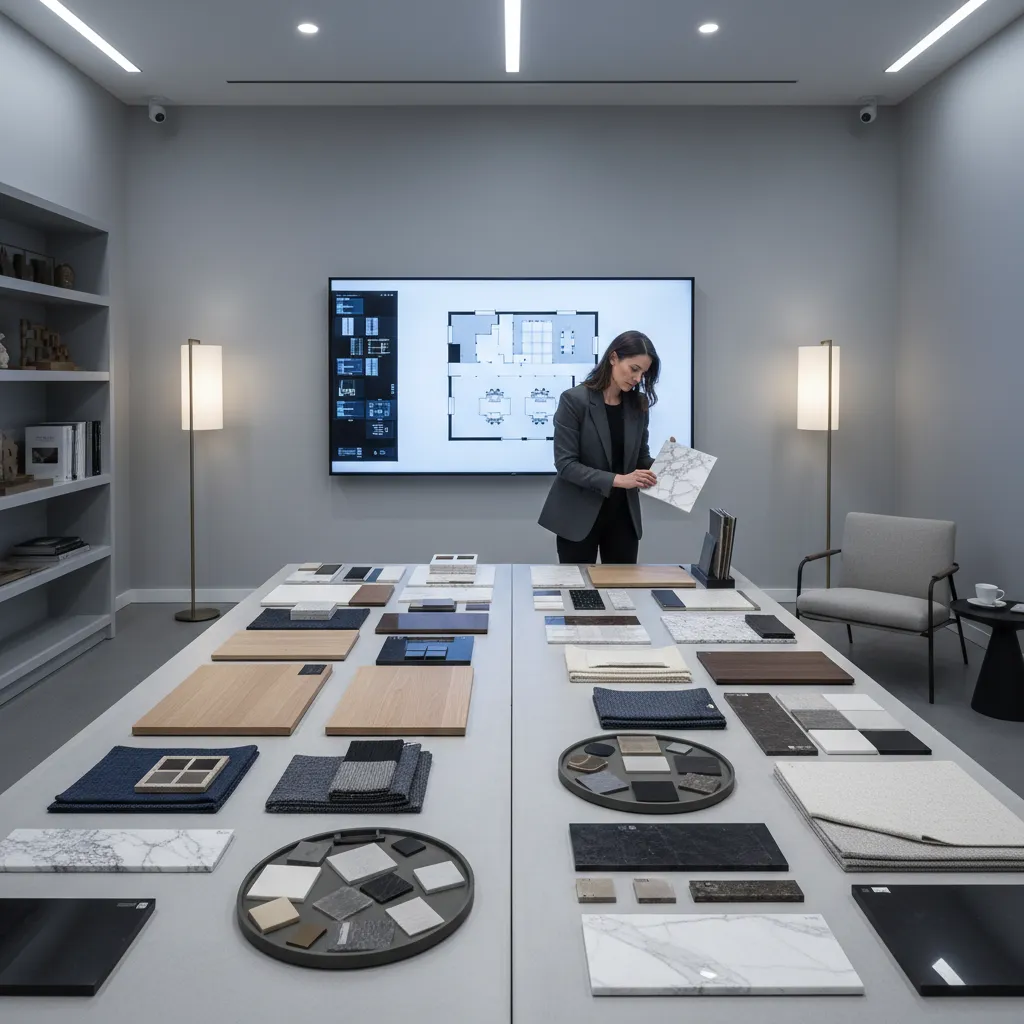 interior designer reviewing commercial materials and finishes for office project budgeting