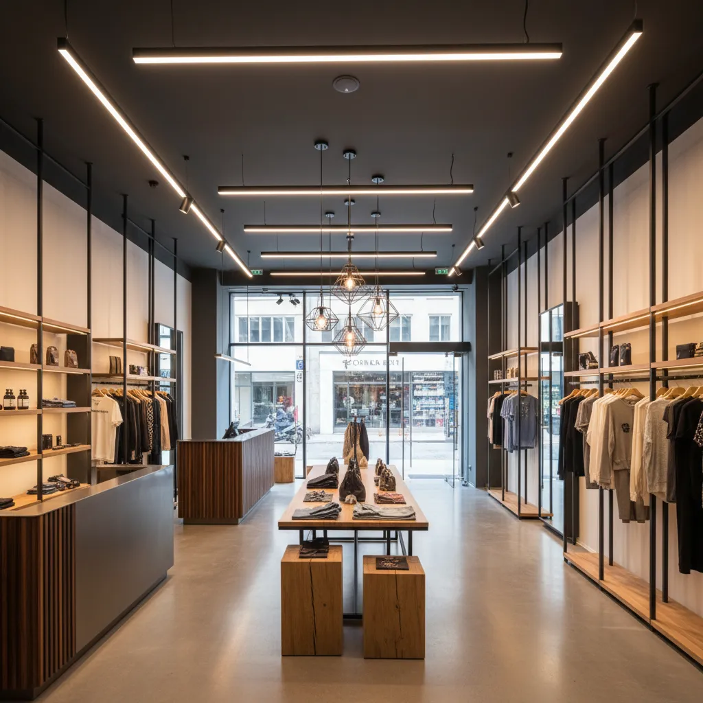 Modern clothing store interior with ceiling lights clothes racks wooden stools and glass storefront view