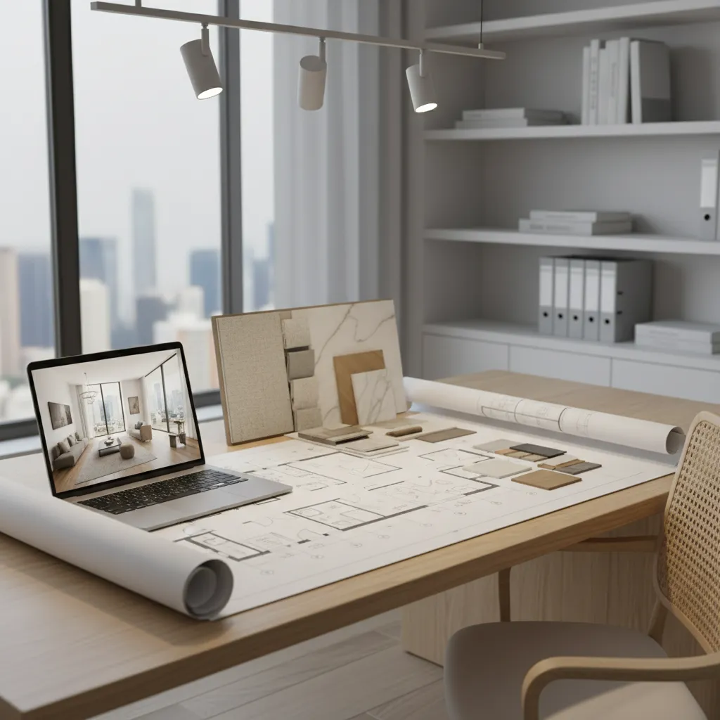 Interior designer reviewing large commercial floor layout plan for office or retail space