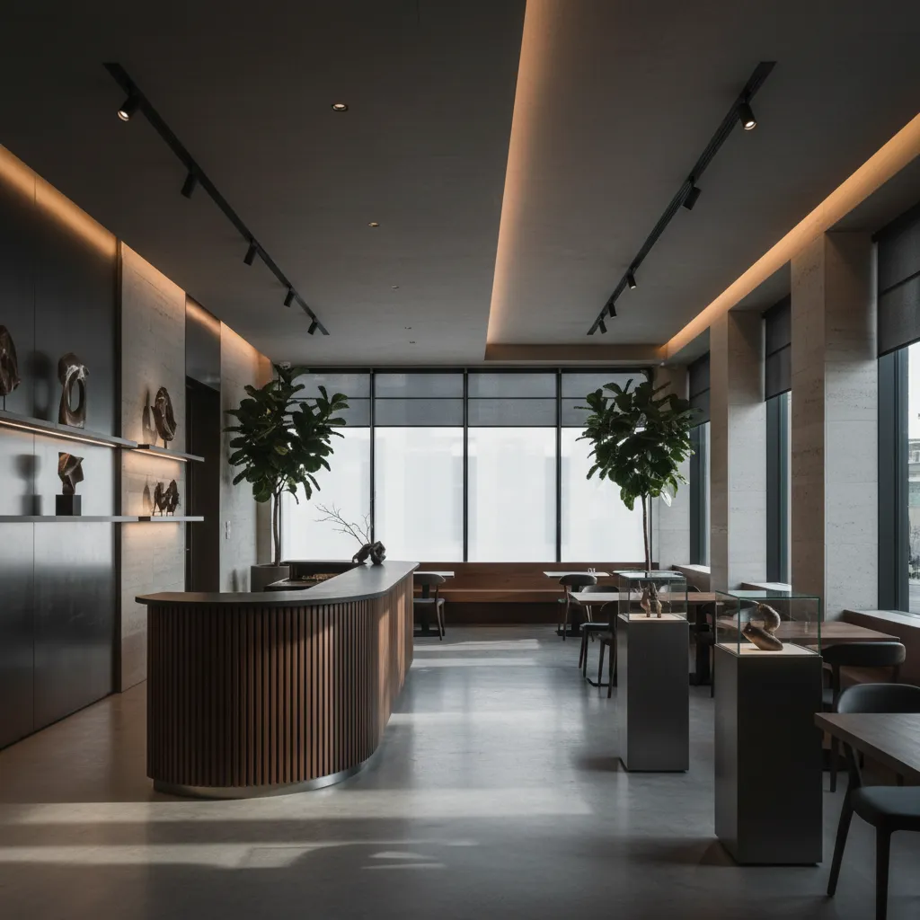 Espacio comercial con iluminación focal destacando zonas