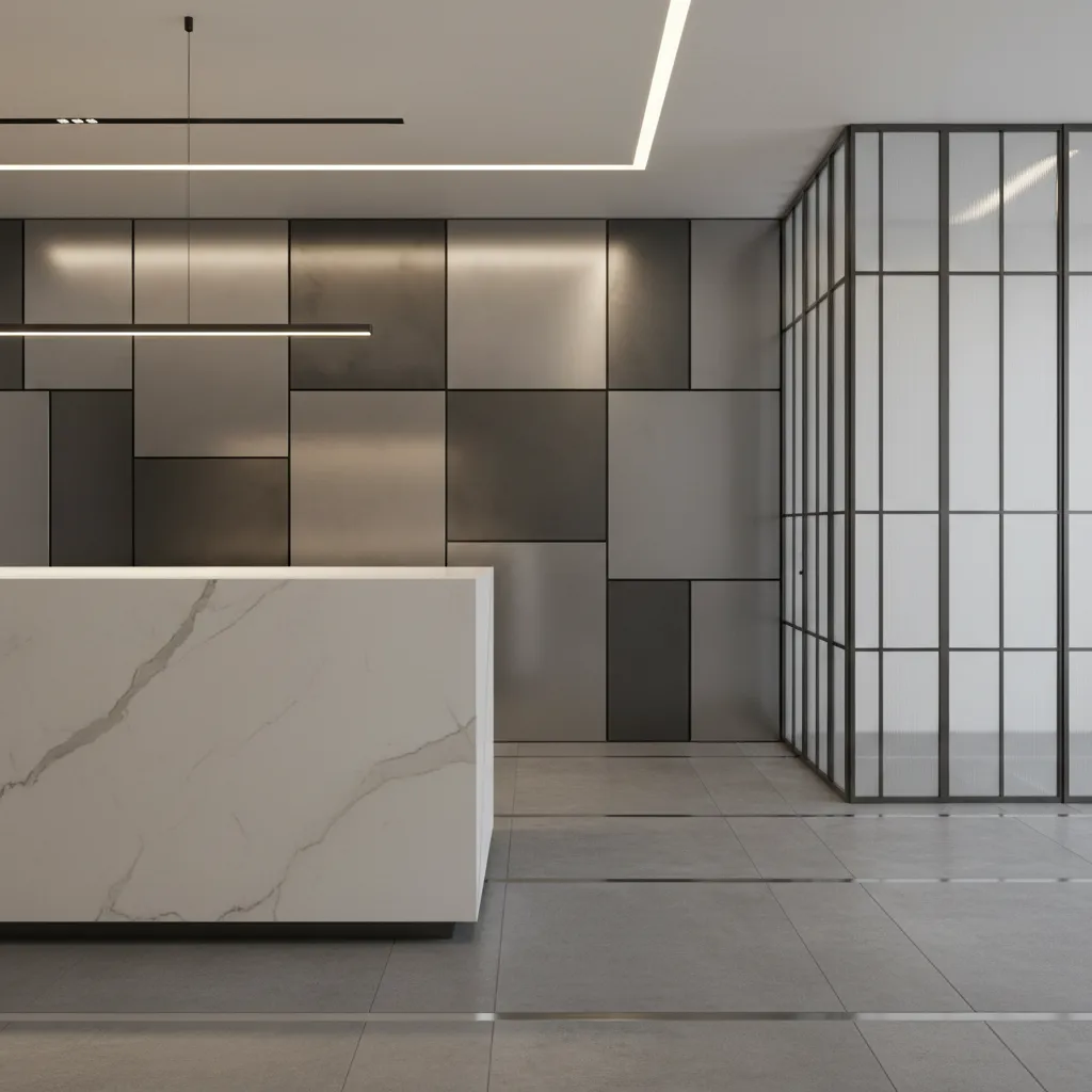 Close view of durable commercial interior materials including stone and metal finishes