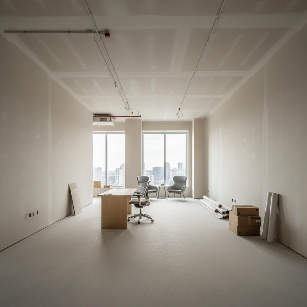 Large commercial interior with freshly painted walls during construction finishing stage