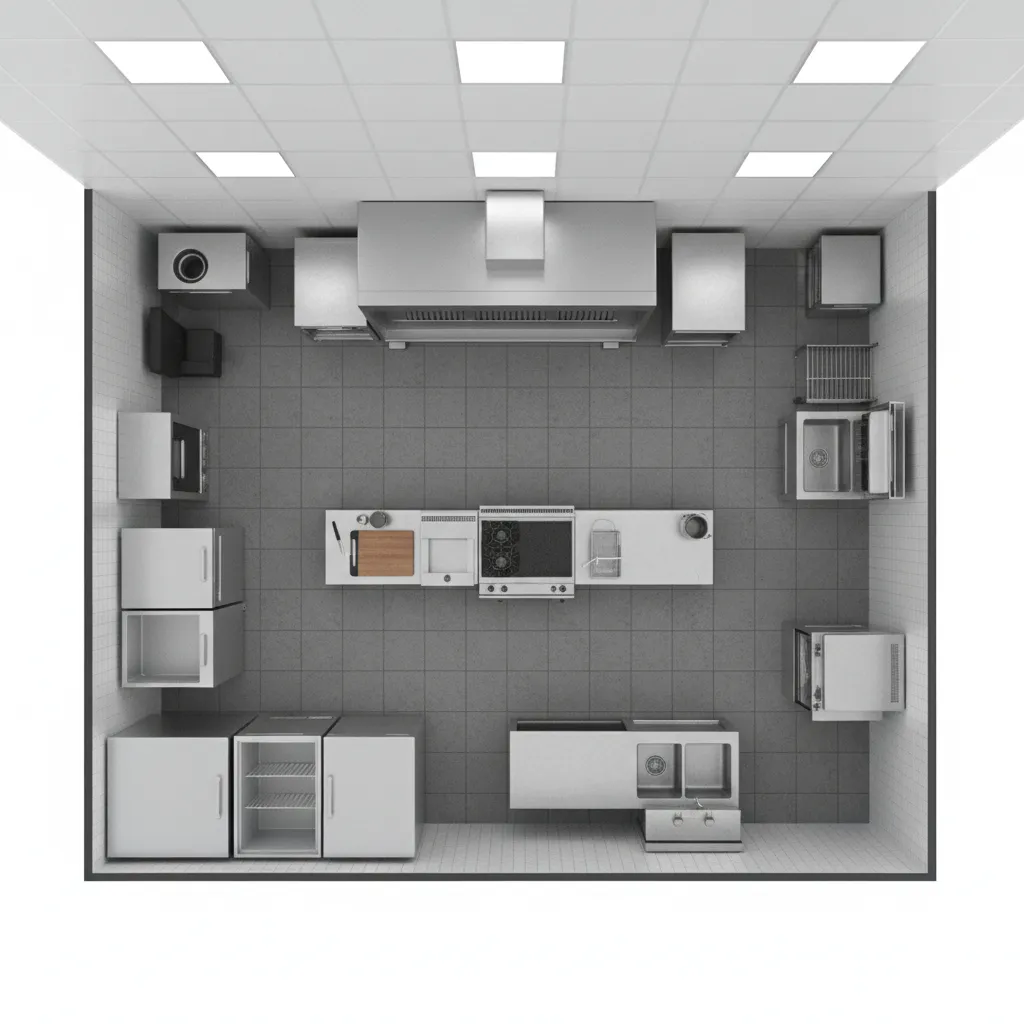 3D commercial kitchen floor plan showing cooking line prep stations and storage