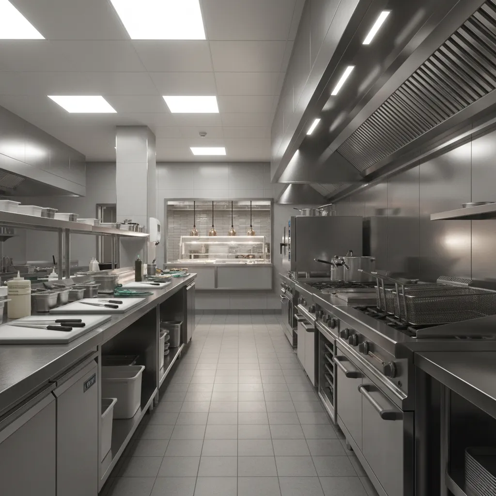 commercial kitchen aisle clearance between cooking equipment and prep tables