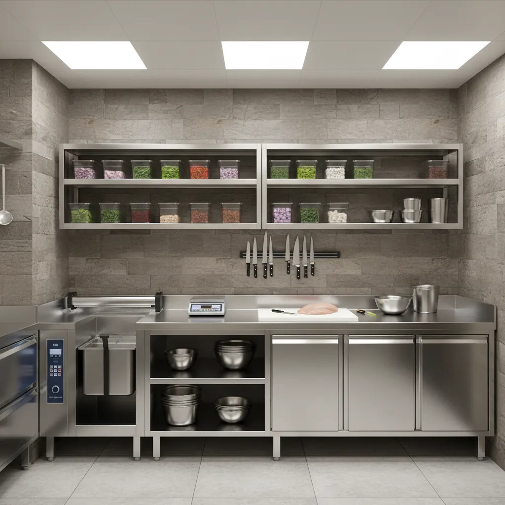 restaurant prep station with stone backsplash and stainless steel counters