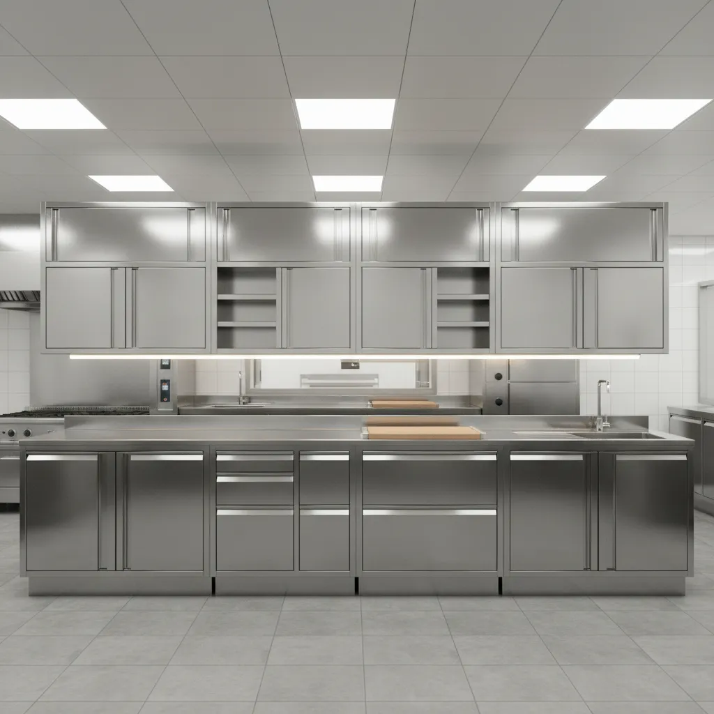 Commercial kitchen storage cabinets with stainless steel edge pull hardware