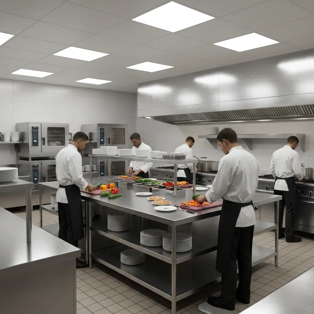 Commercial kitchen with chefs preparing food around a central prep table