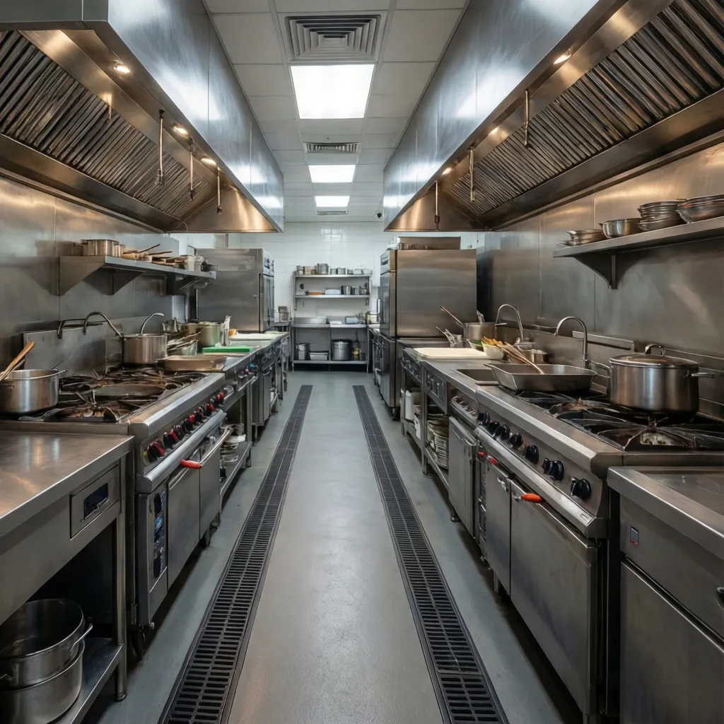 commercial kitchen aisle clearance between cooking equipment