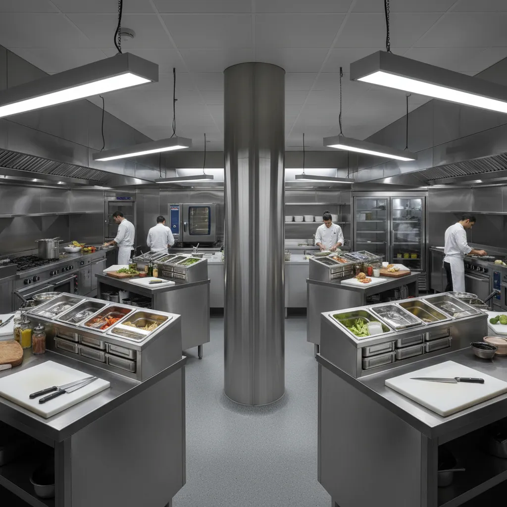 prep stations arranged around structural column in commercial kitchen