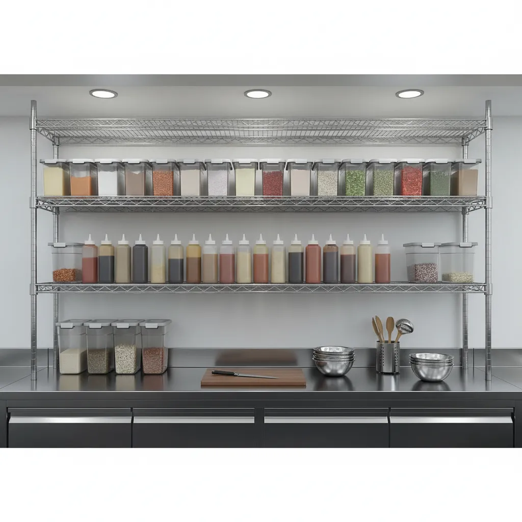 Commercial kitchen countertop storage racks and ingredient containers