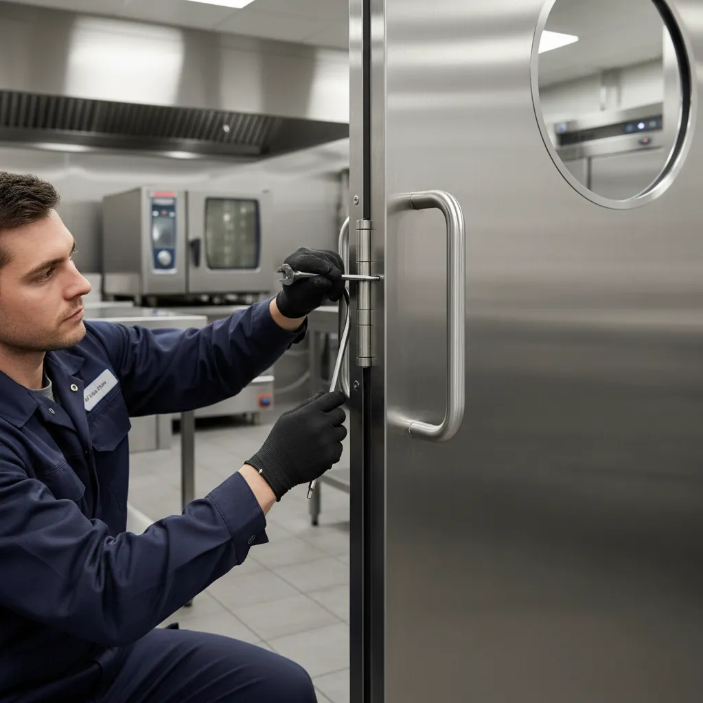 Technician adjusting hinge on commercial kitchen door