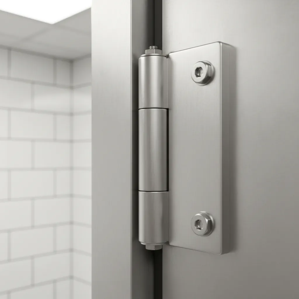Close view of heavy duty commercial kitchen door hinge and pivot hardware