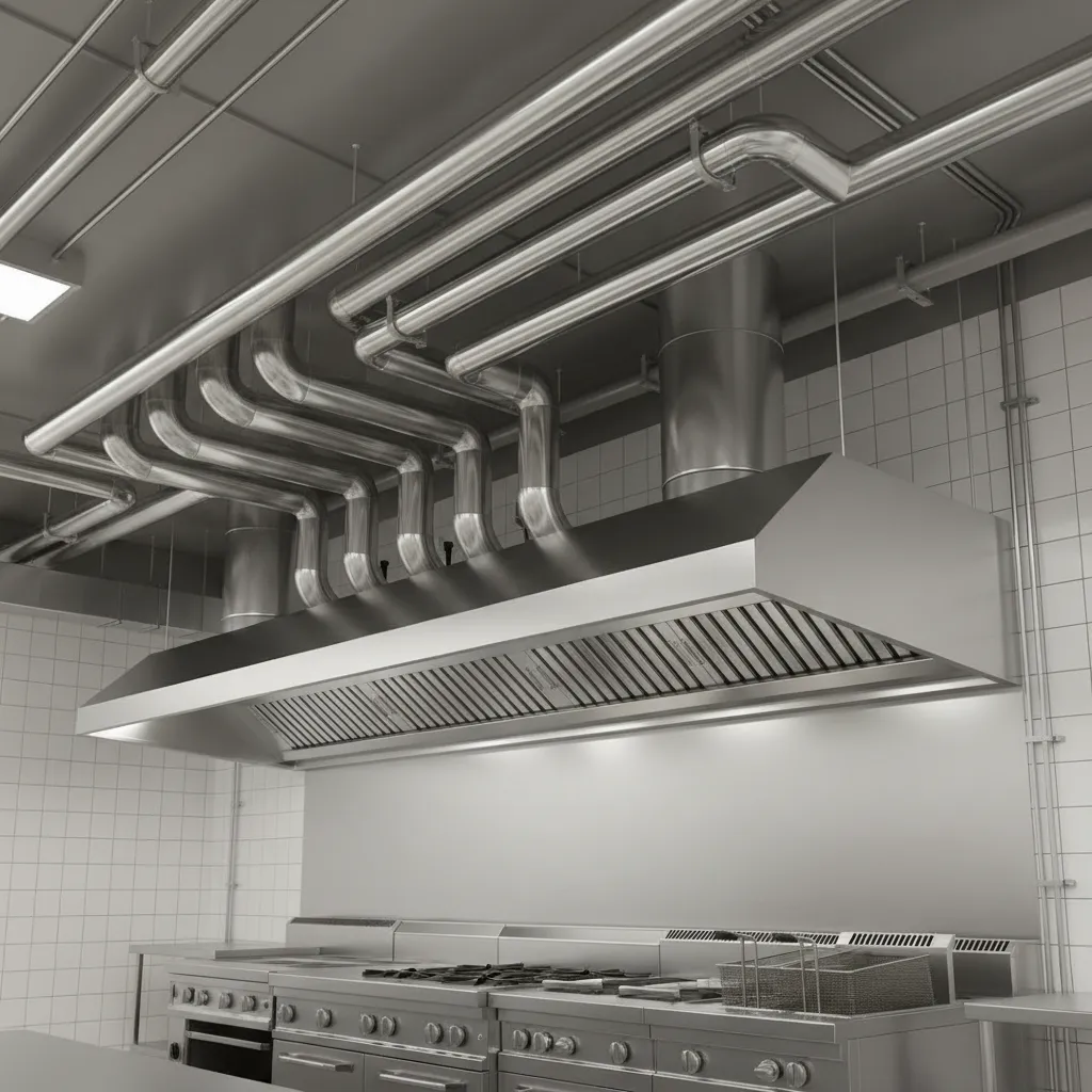 Commercial kitchen ventilation ducts connected to exhaust hood system