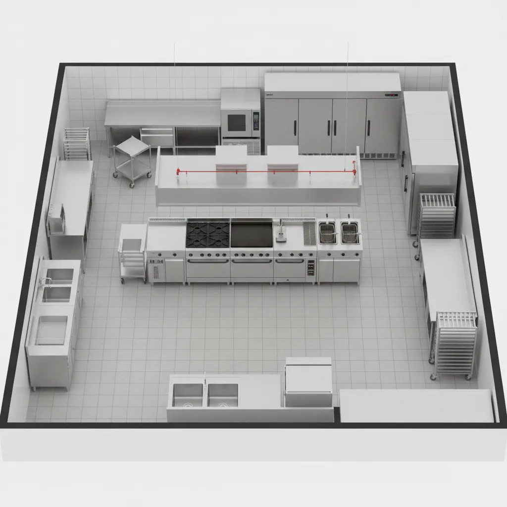 3D layout plan of small commercial kitchen equipment arrangement