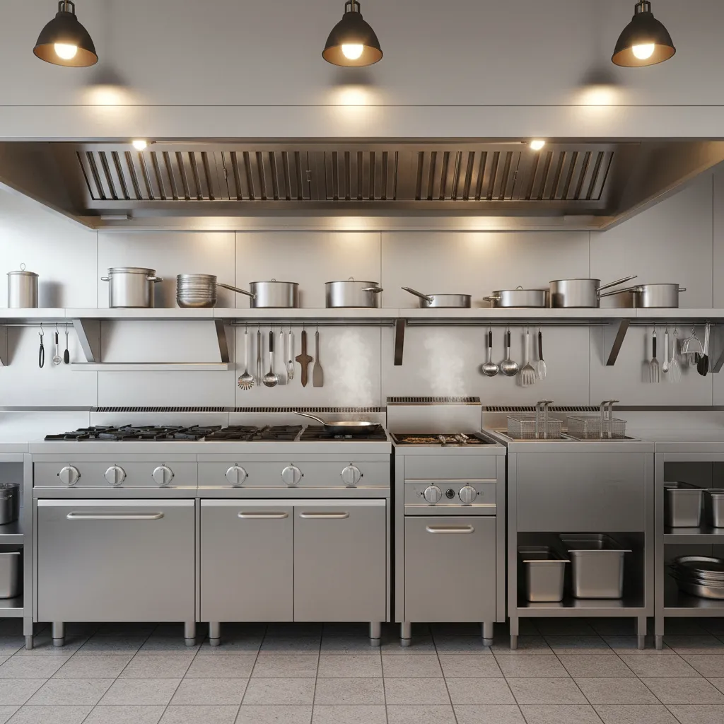 commercial cooking equipment line with range fryer and ventilation hood
