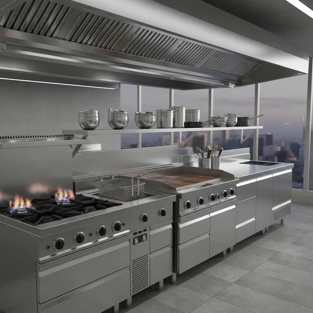commercial kitchen equipment line including fryer griddle and gas range