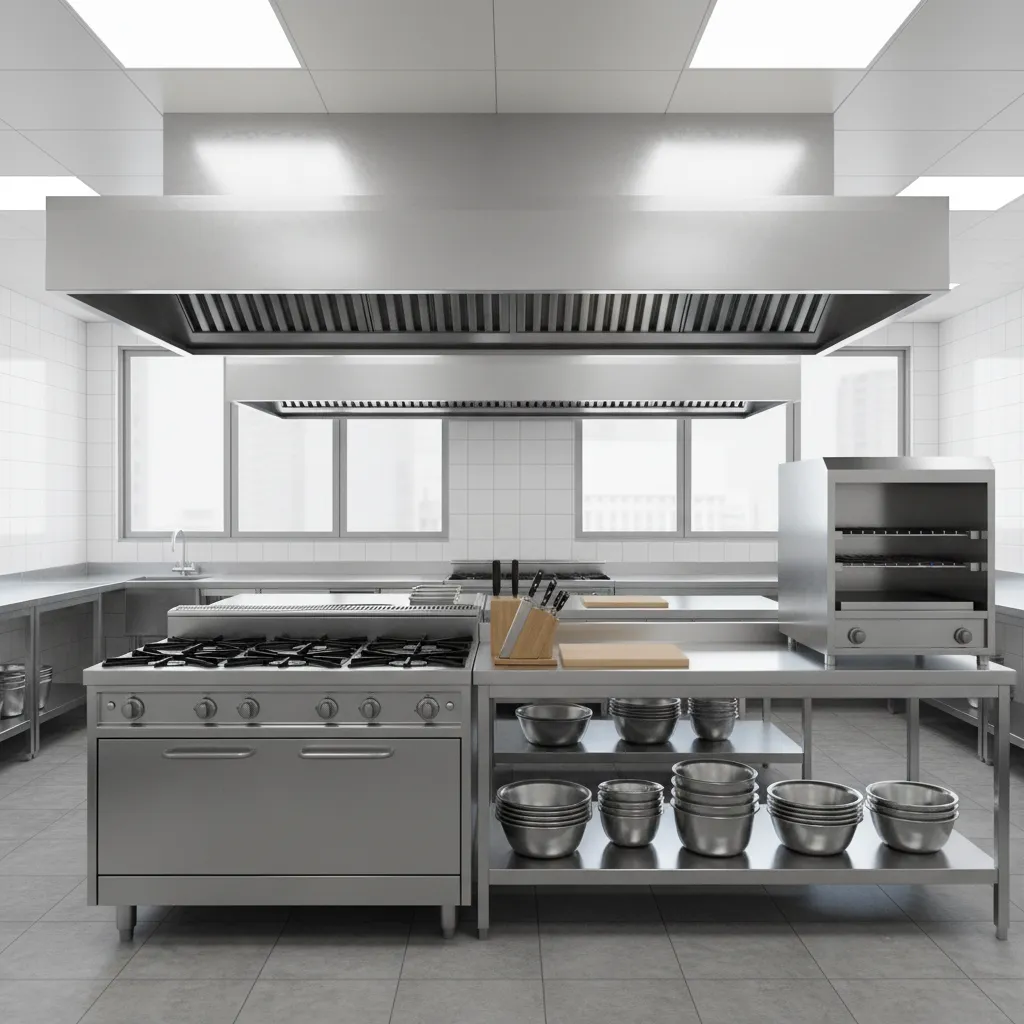 Commercial kitchen equipment line with gas range griddle and stainless steel appliances