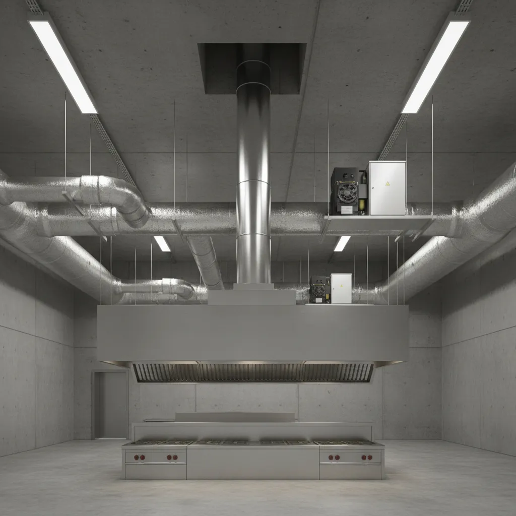 commercial kitchen exhaust duct system running vertically from hood to roof