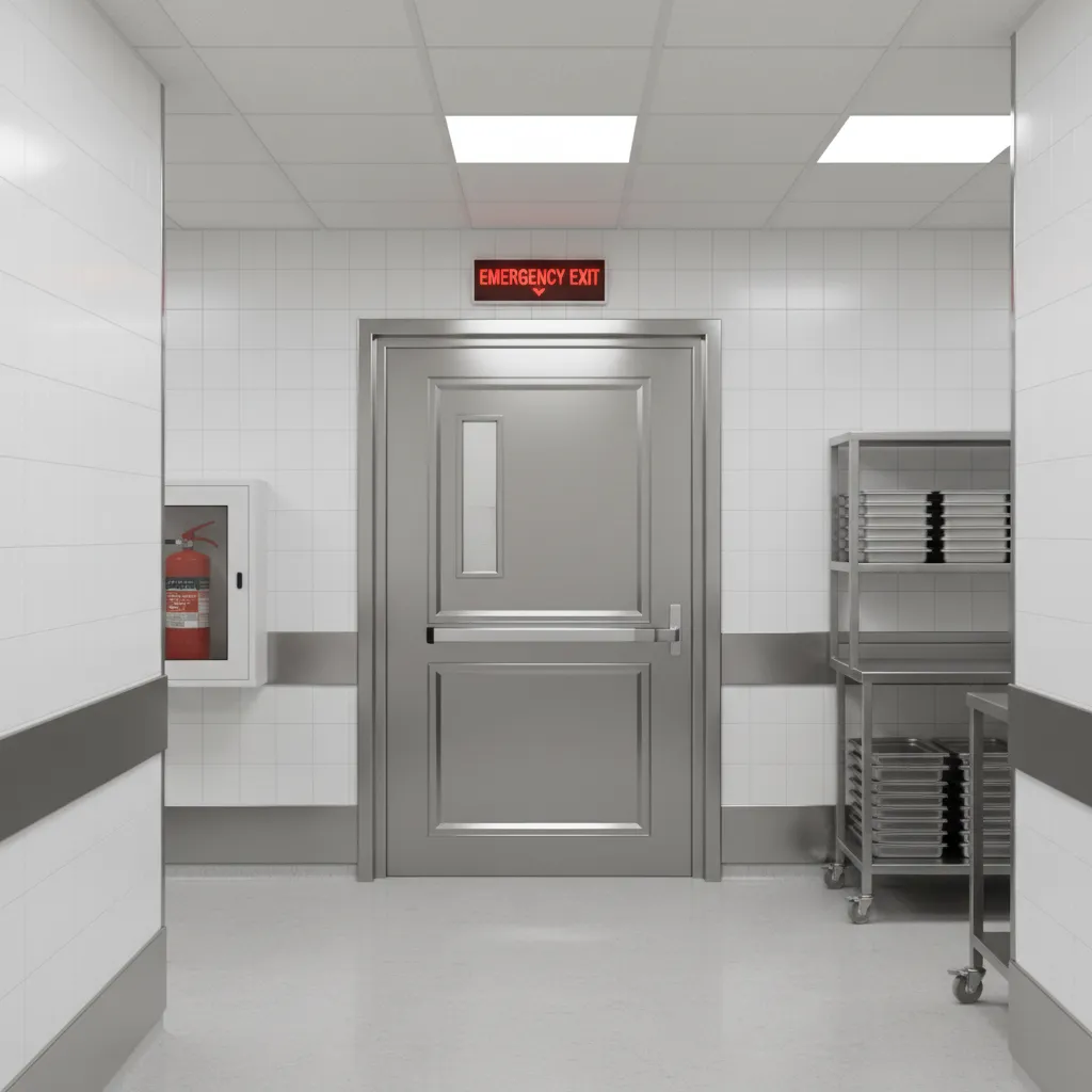 Fire rated steel door separating restaurant kitchen and corridor