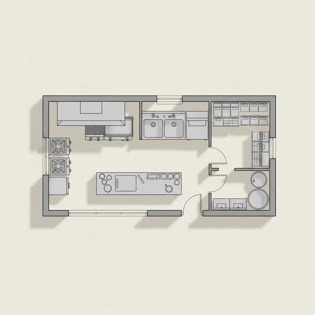 simple floor plan layout of a small commercial kitchen with cooking and prep areas