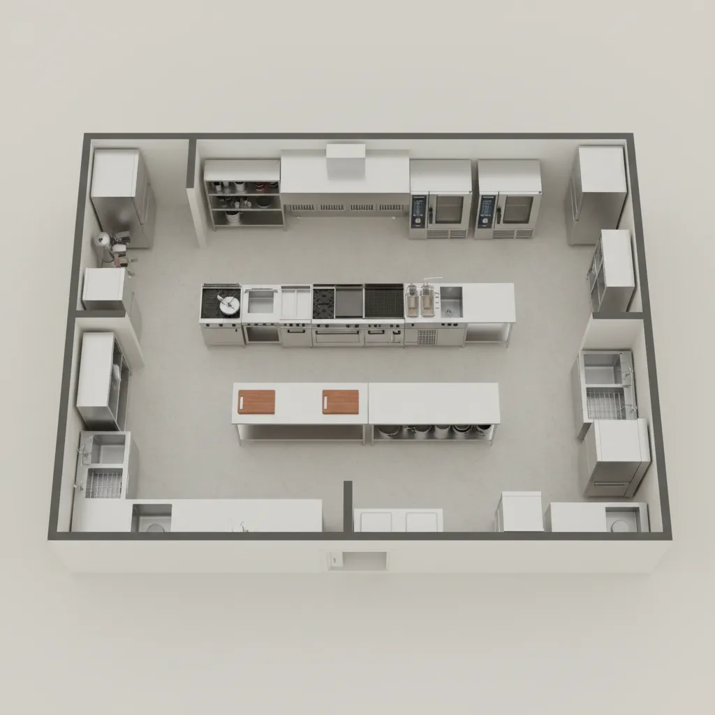 3d commercial kitchen floor plan with equipment layout and prep stations