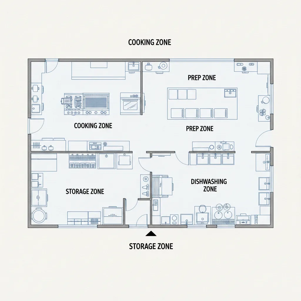 top view commercial kitchen floor plan layout showing cooking prep and dish areas