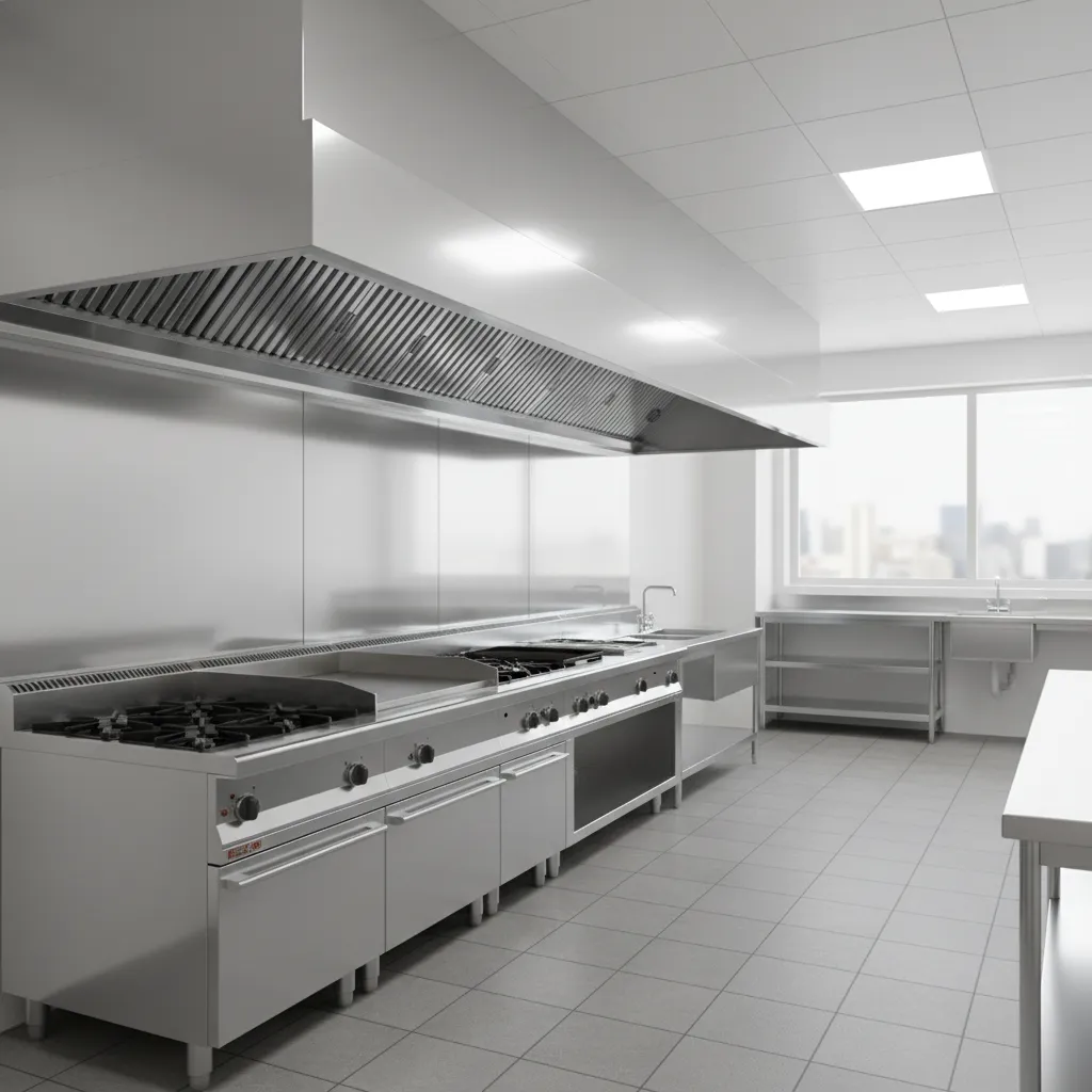 commercial kitchen hood extending beyond cooking equipment for better smoke capture