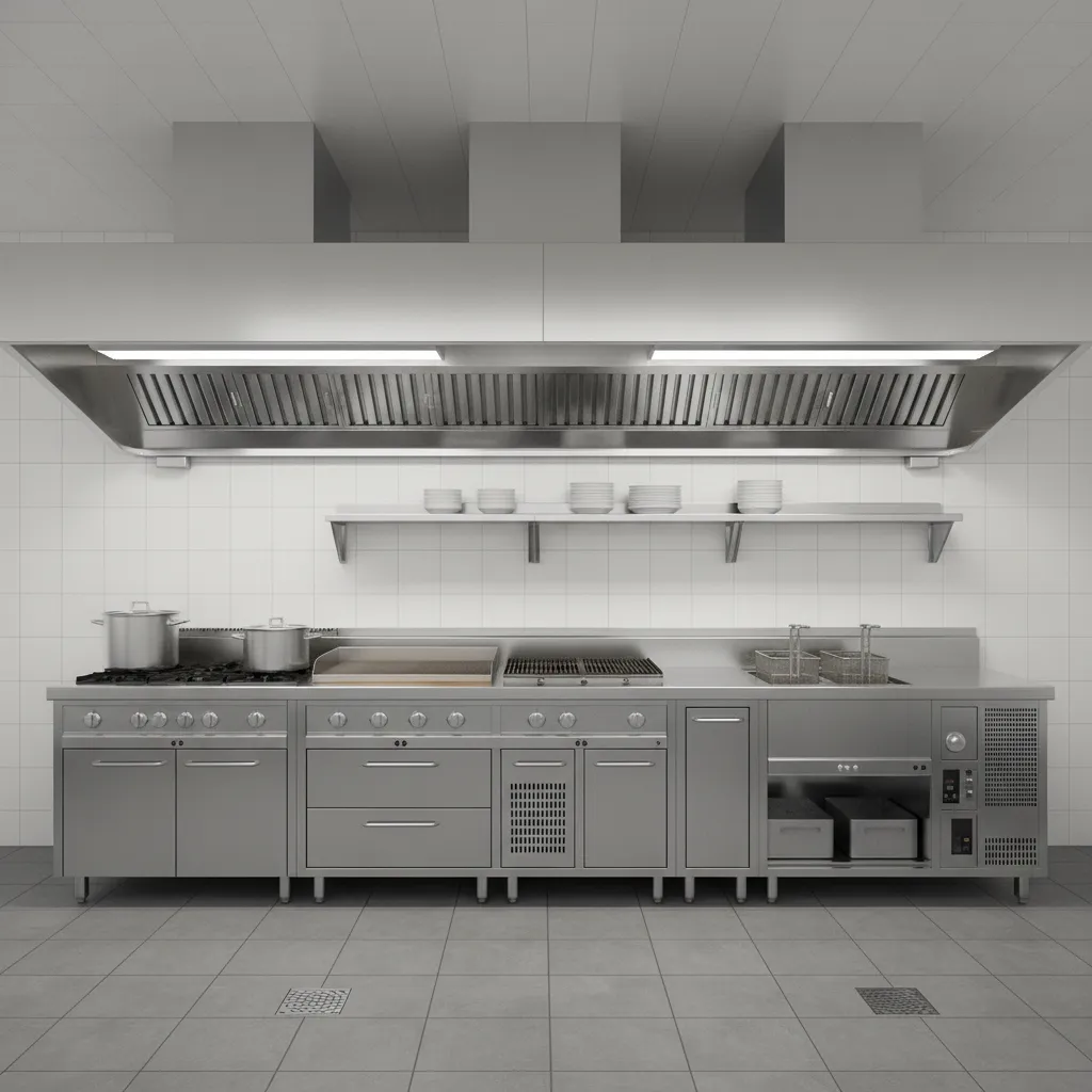 restaurant kitchen layout with large ventilation hood covering cooking stations