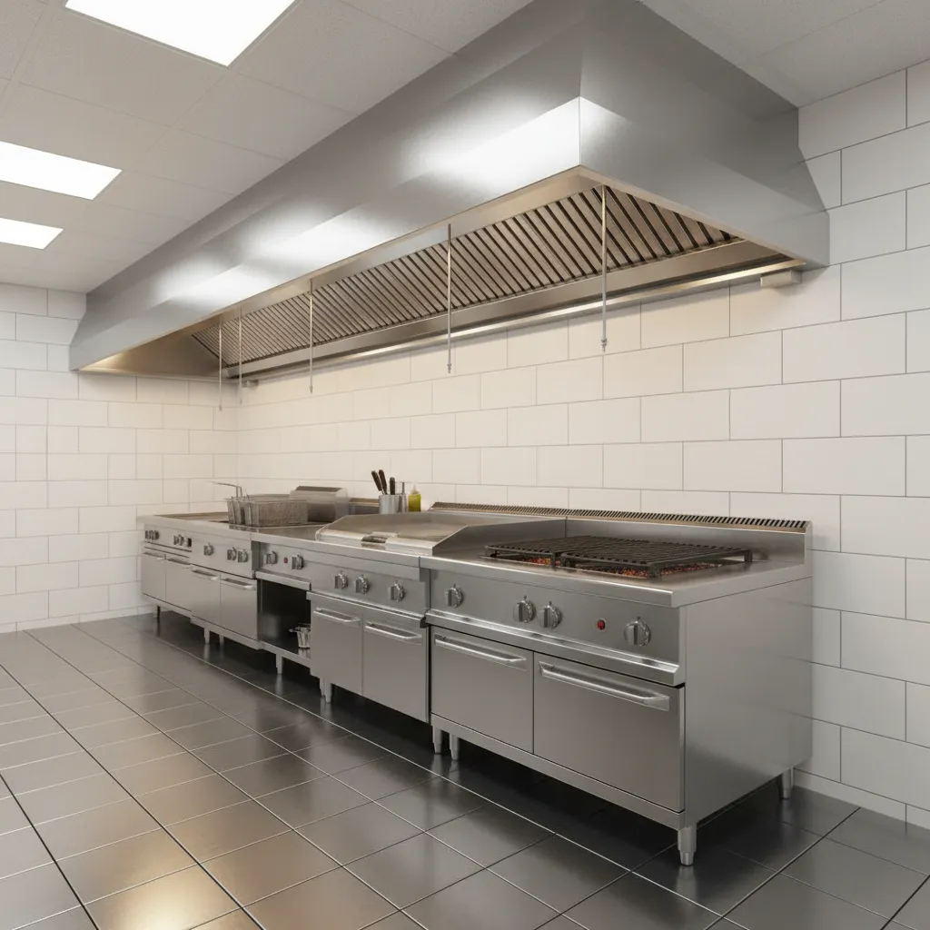 Commercial kitchen hood system with suppression nozzles over fryer and grill