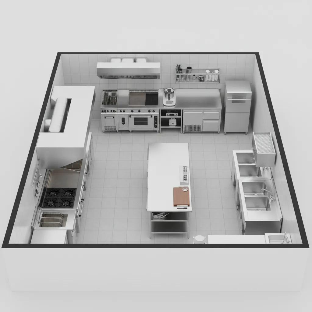 commercial kitchen layout with cooking prep and cleaning zones