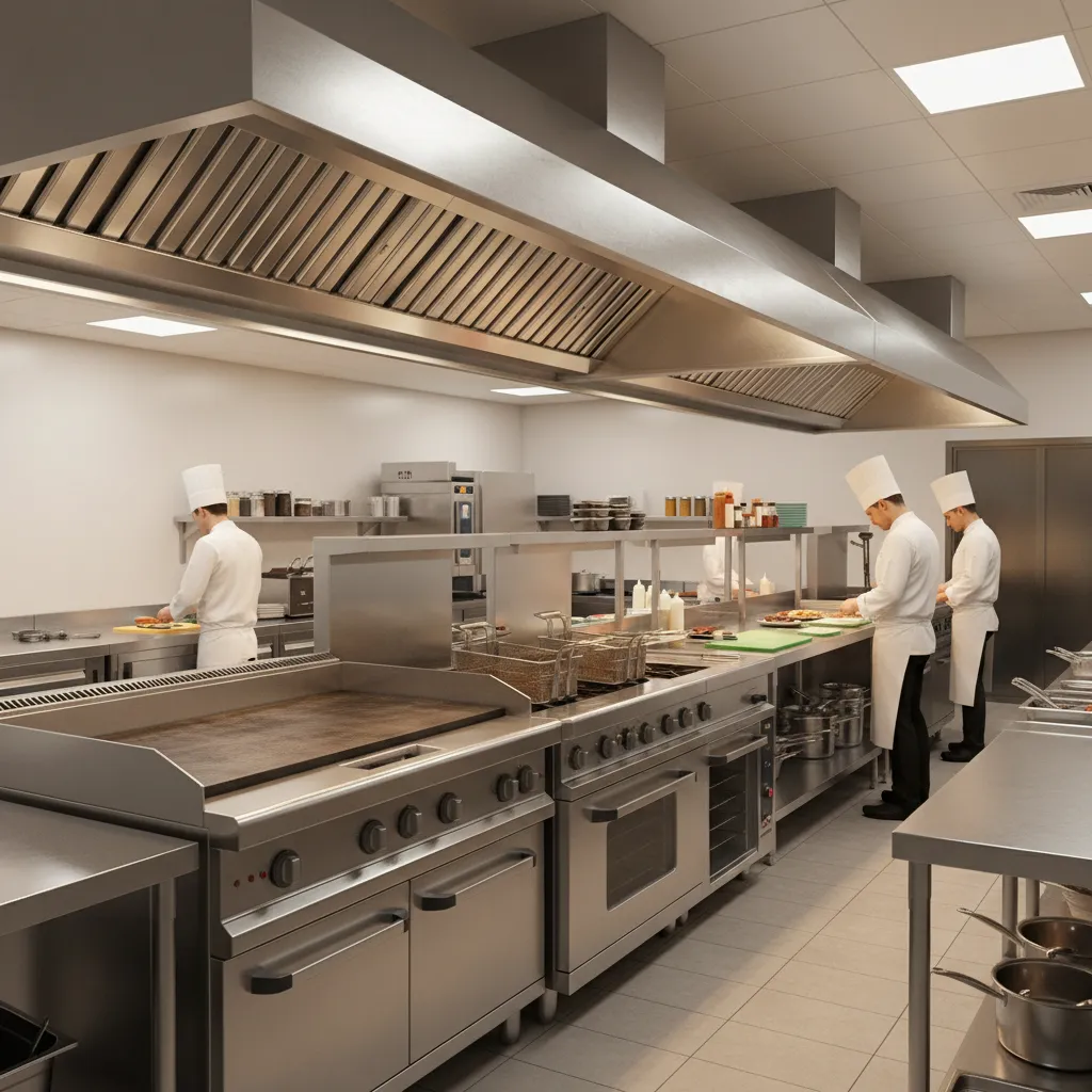 restaurant cooking line with grill fryer range and ventilation hood
