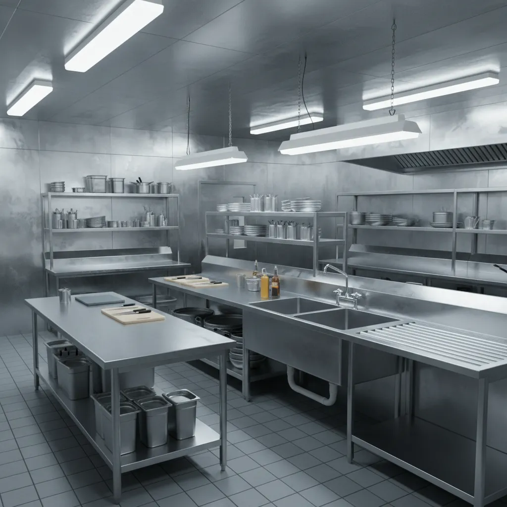 commercial kitchen multi basin sink setup with prep and wash areas