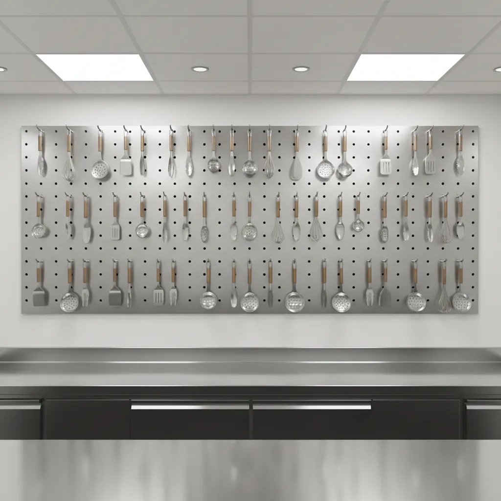 Commercial kitchen pegboard system organizing cooking utensils