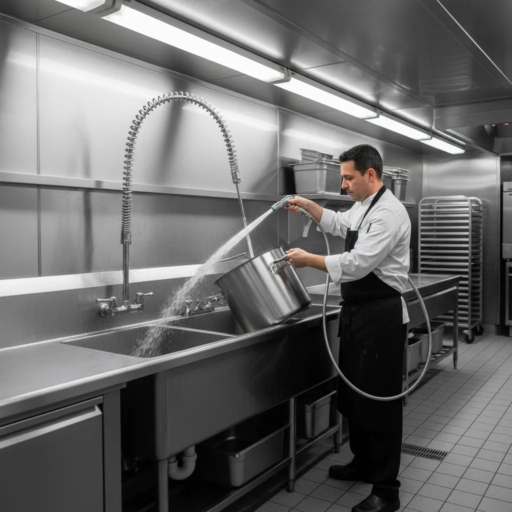 Chef rinsing large pot using commercial kitchen sink sprayer