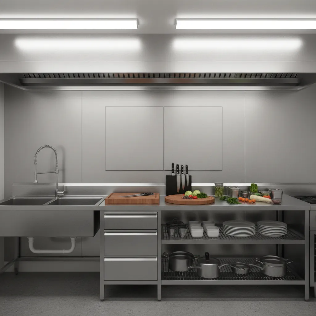 Commercial kitchen prep station with stainless steel wall backsplash