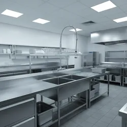 Professional kitchen room layout with stainless steel sinks metal countertops shelves and bright ceiling lights