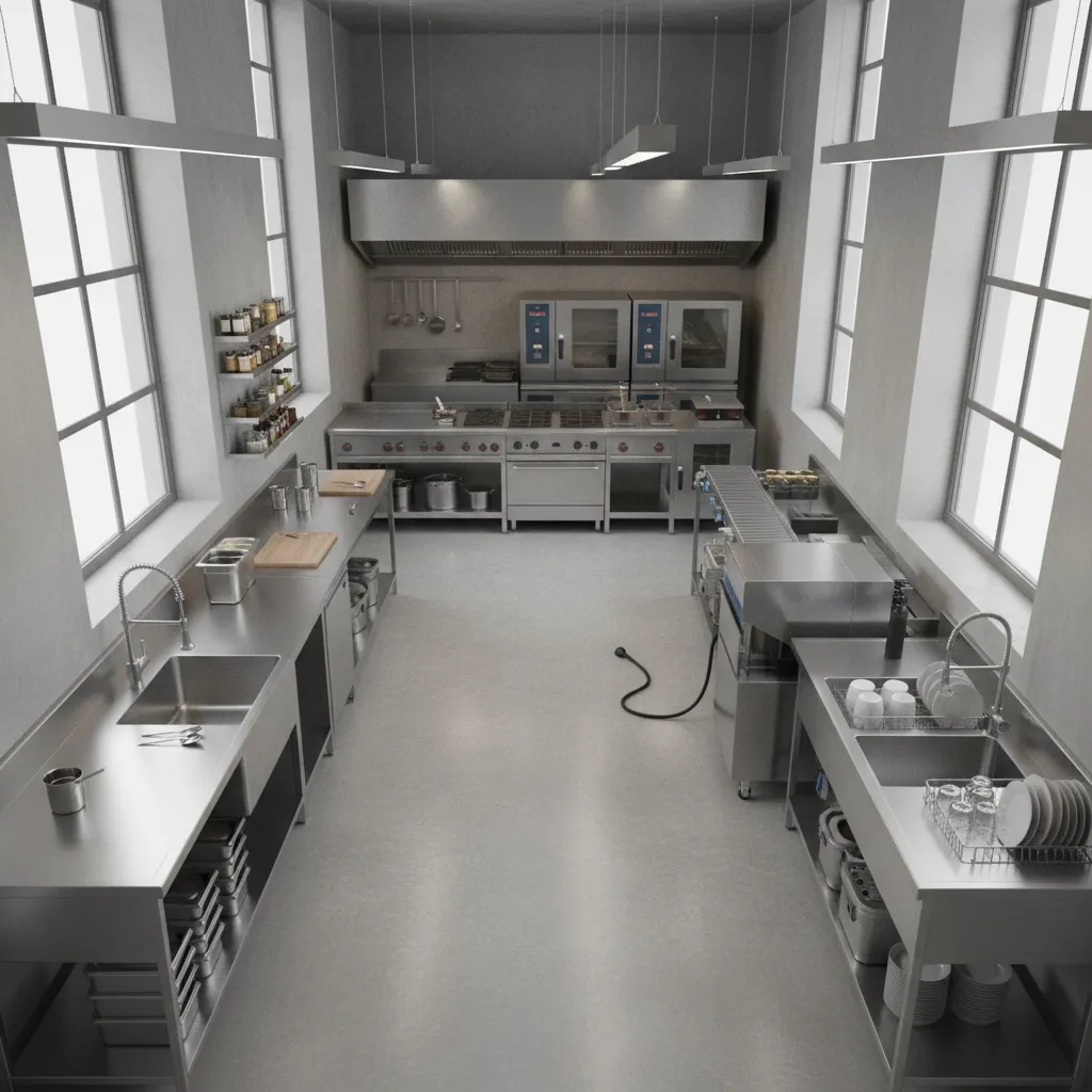 Commercial kitchen workflow showing prep sink and dishwashing sink zones