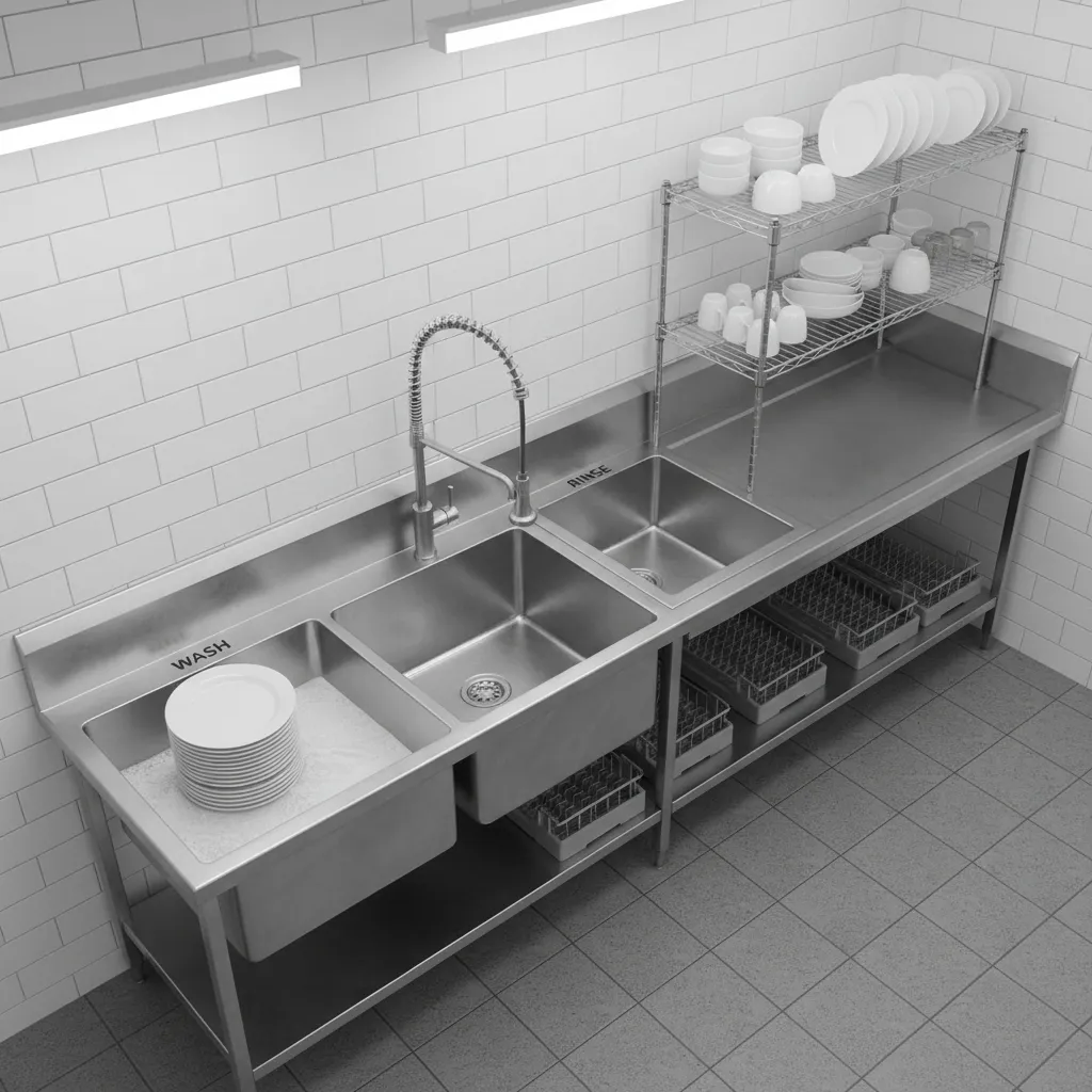 commercial kitchen sink workflow showing wash rinse dry zones