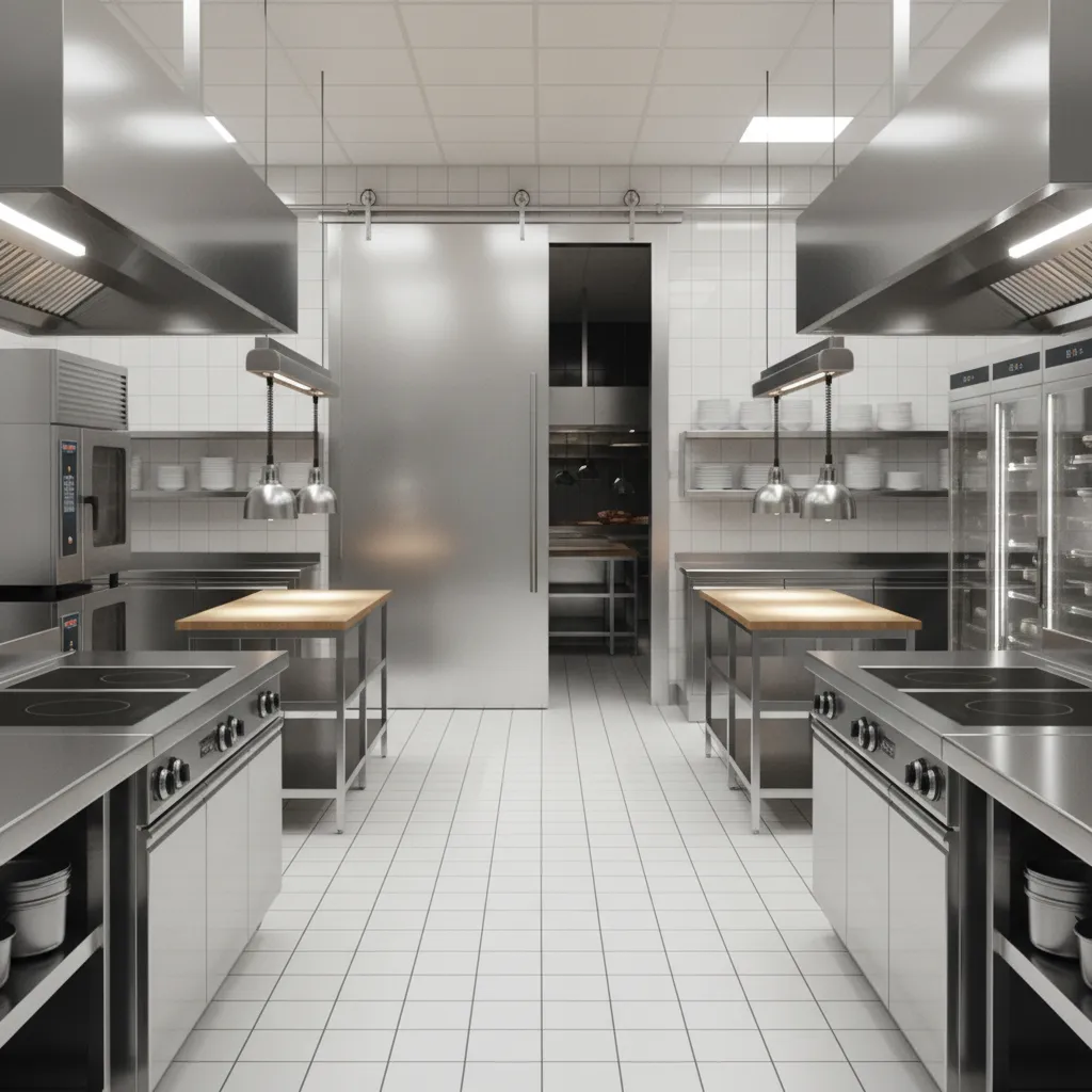 Stainless steel sliding door with overhead track in a restaurant kitchen