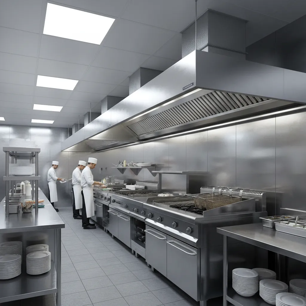 Commercial kitchen cooking line with stainless steel wall panels