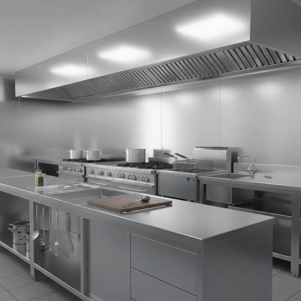 Commercial kitchen cooking line with stainless steel wall panels