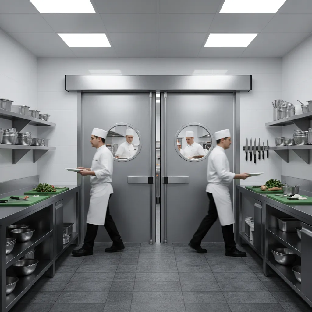Double swing impact doors in a busy restaurant kitchen entrance