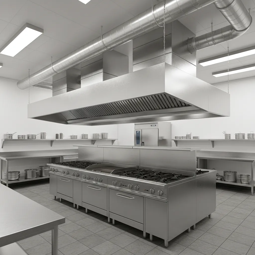large commercial kitchen ventilation hood system above cooking range
